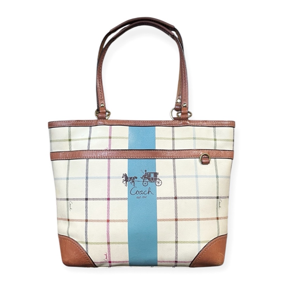 COACH Heritage Plaid Tattersall Coated Canvas Blue Stripe Shoulder Bag 12561